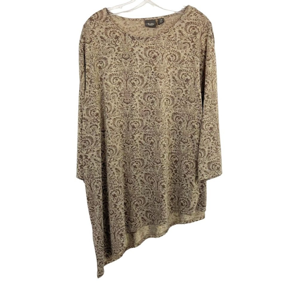 Chico's Travelers Brown Metallic Damask Print Asymmetrical Hem Top - Size 4, XXL